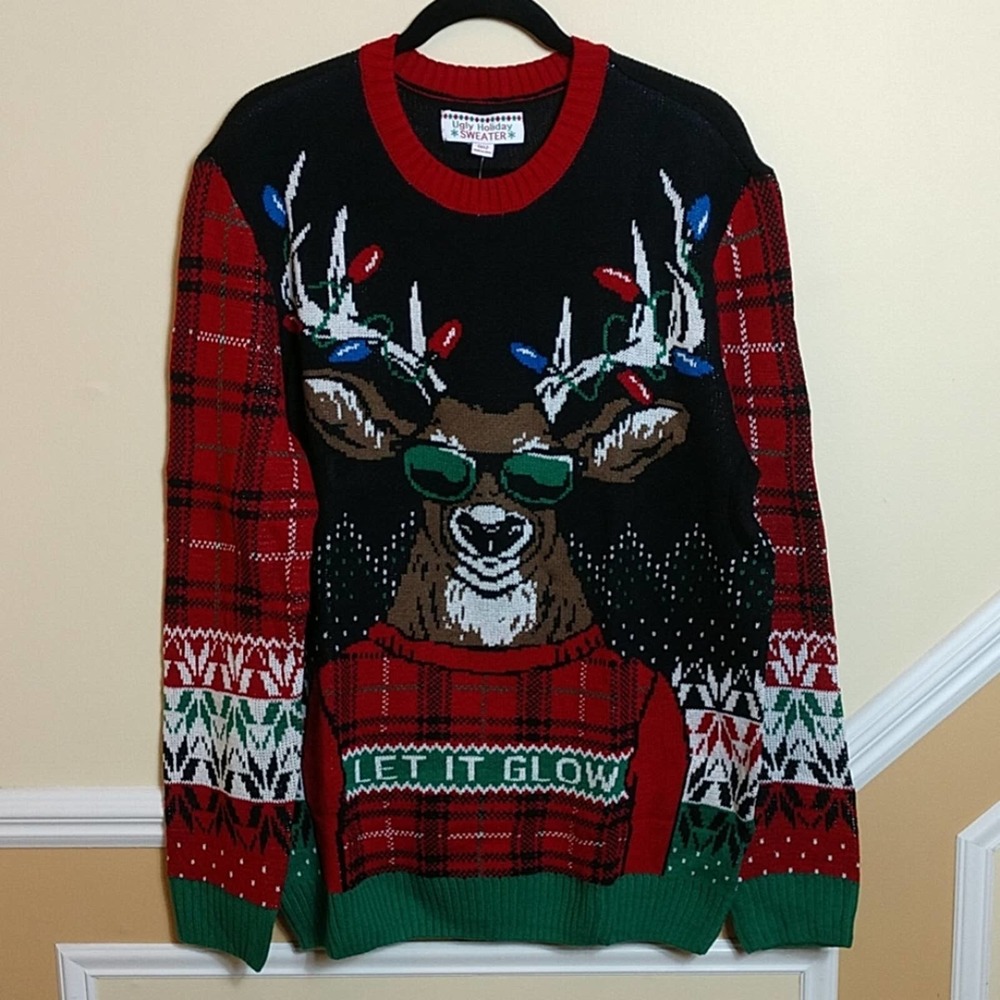 NWT Men's Ugly Holiday Sweater "Let it Glow" Deer size XL